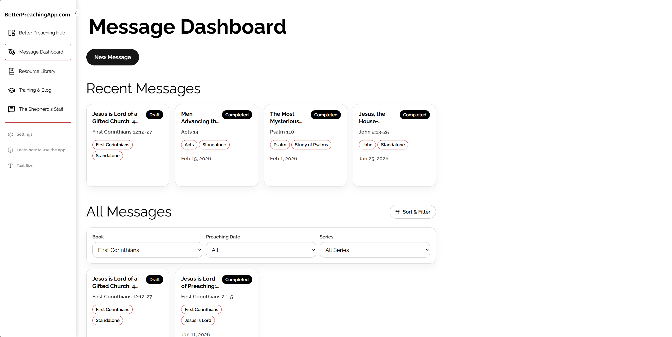 Better Preaching message workspace showing a message title, passage, word targets, and body points.
