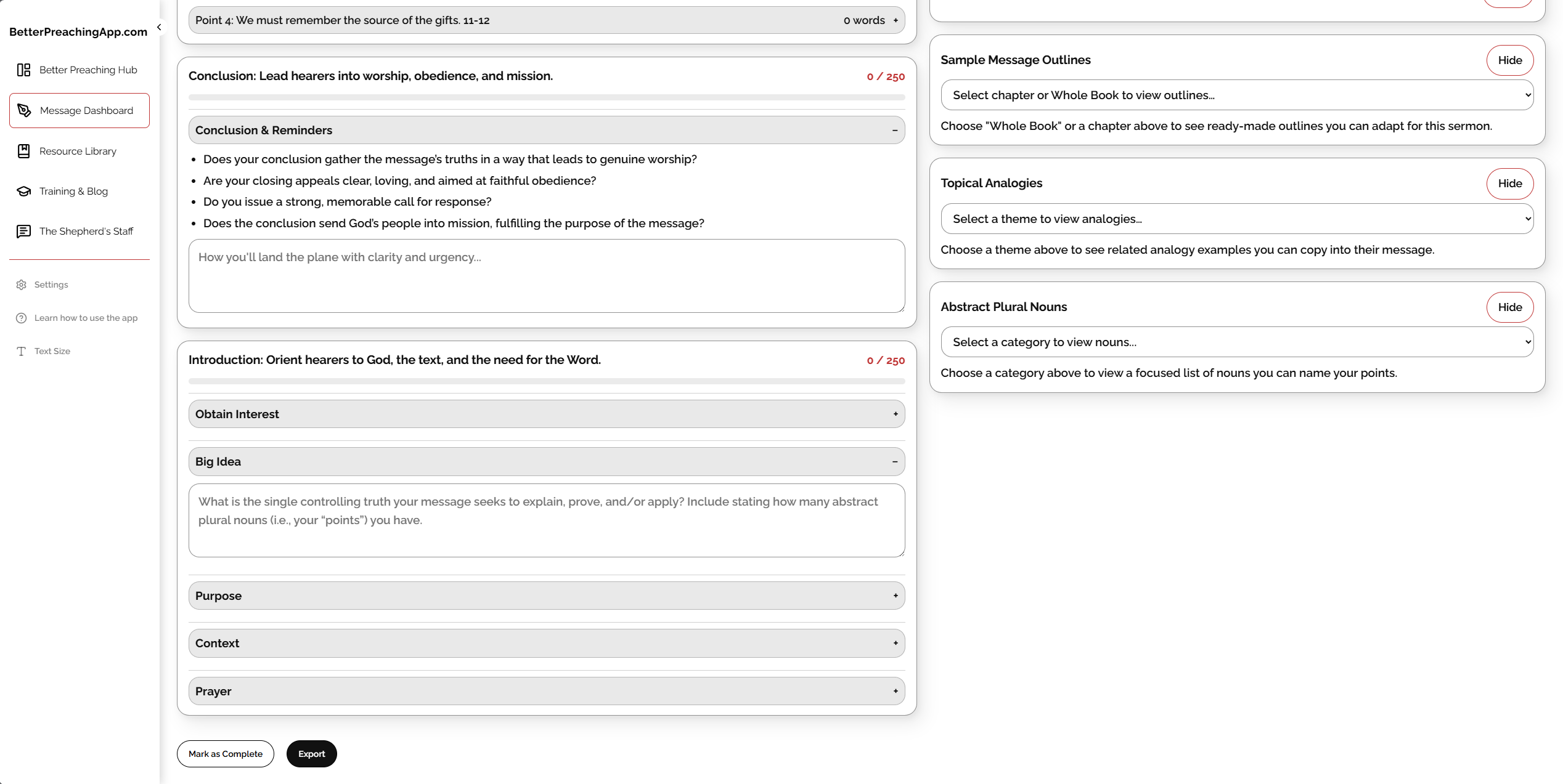 Better Preaching message workspace showing conclusion, introduction, and supporting research tools.