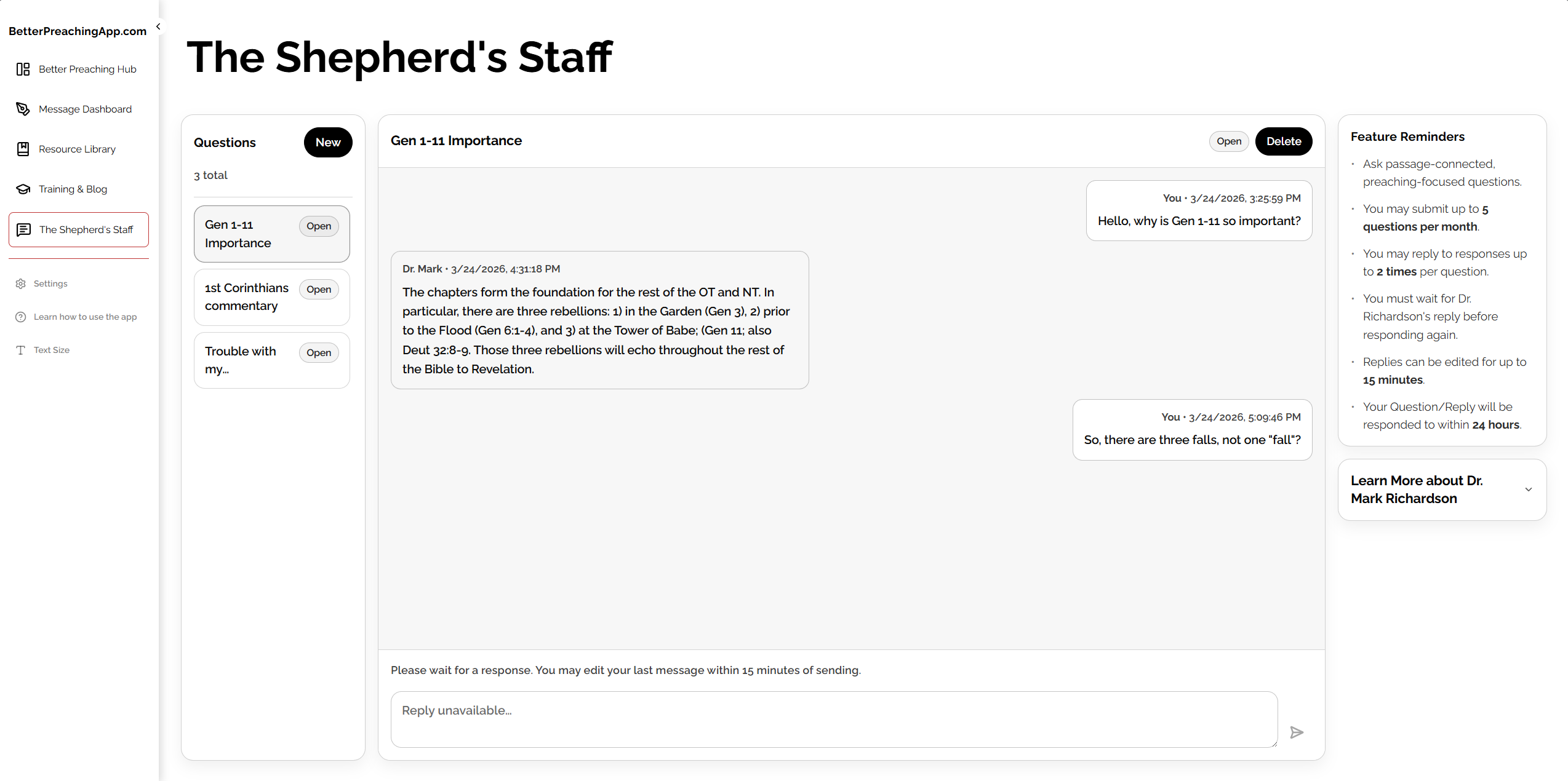 Better Preaching Shepherd’s Staff interface showing a new question form for message guidance.